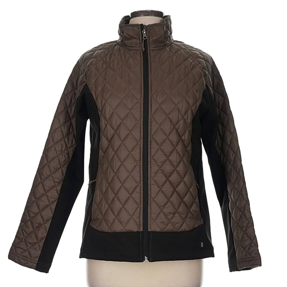 IZOD Womens Brown Quilted Hybrid Full Zip Mock Neck Jacket Size M